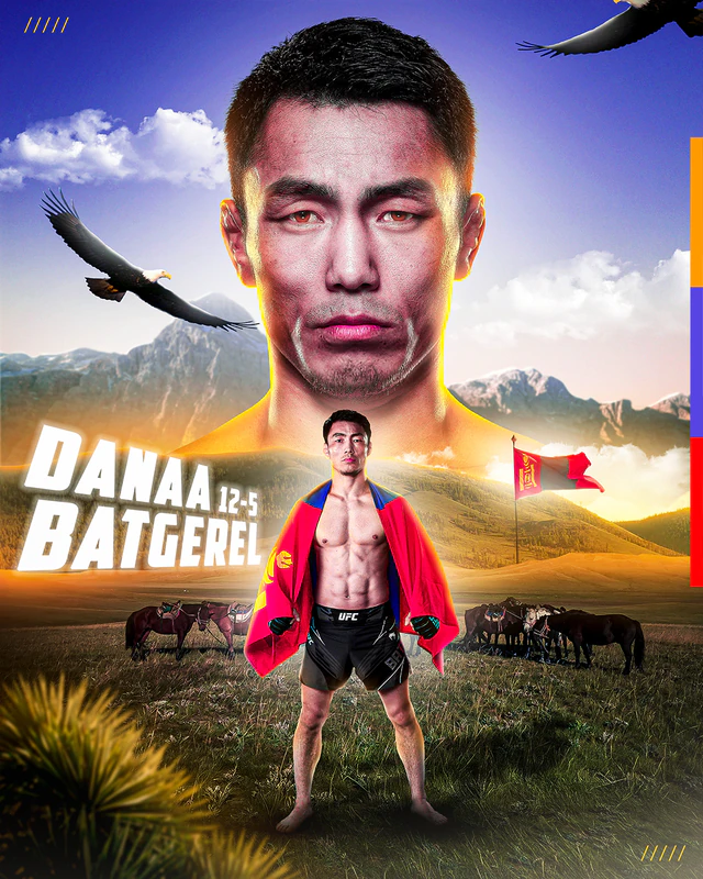 Poster of Danaa Batgerel, 12-5: a portrait over a steppe landscape with horses, an eagle and a Mongolian flag, the fighter wrapped in a flag.