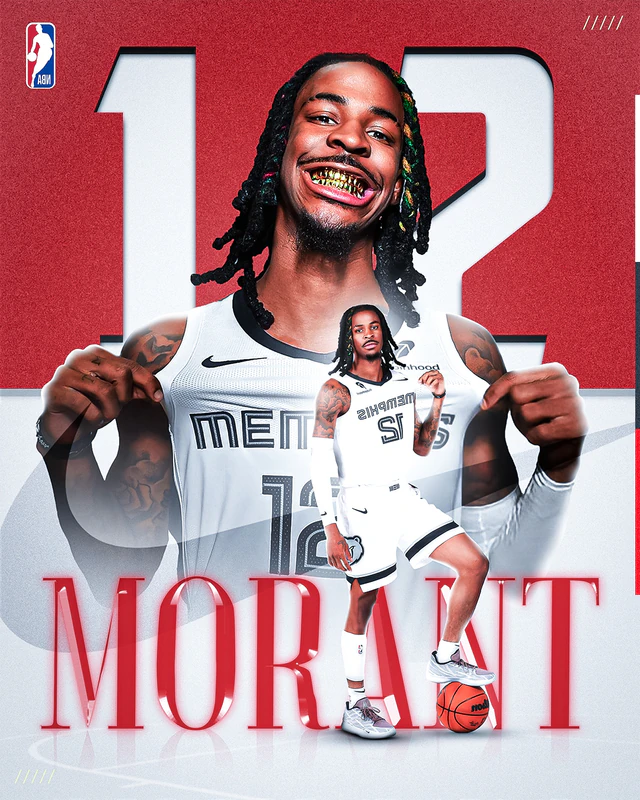 Poster of Ja Morant in a Memphis jersey, smiling in front of a giant number 12 on a red and white background.